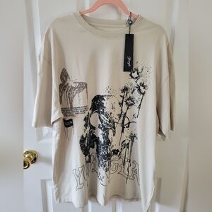 YoungLA Cream Graphic Short Sleeve Tee with Black Print Oversized